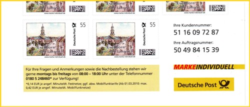 Bogenunterrand vom Februar 2010: Hier ist die Kunden- und Auftragsnummer noch schwarz und die Schnittmarkierungen fehlen noch. es handelt sich hier beispielsweise zum dieselbe Kundennummer wie beim ersten Bogen mit roter Nummer