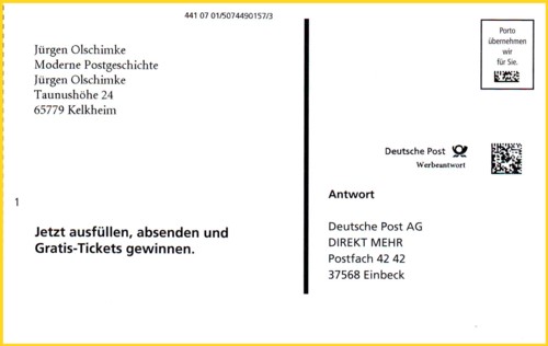 Werbeantwort mit doppelten Postmatrixcode aus dem Frühjahr 2007 laut Inhalt der Rückseite - so etwas wurde selten aufgehoben