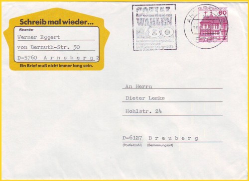 Werbeumschlag Michel WU 1 - eine der frühen Aktionen der Deutschen Post, die Leute zum Briefeschreiben zu bewegen - hier ist die Post selbst ihr eigener Kunde