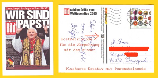 Eine der ersten Pluskarte Kreativ mit Postmatrixcode, wo erstmals der Werbekunde selbst das Porto zahlen muß (hier die Bildzeitung)