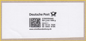 Produktmarke Streifband für die fünfte und höchste Portostufe 501 bis 1000 Gramm Produktmarke Streifband für die fünfte und höchste Portostufe 501 bis 1000 Gramm