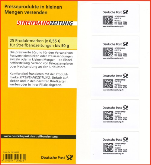 Der Flyer aus der 25er Verkaufspackung der Produktmarke Streifband für die erste Gewichtsstufe bis 50 Gramm sowie daneben ein entsprechender Streifen aus dieser Packung