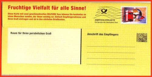 Empfehlerkarte hier mit Warenprobe e Teebeutel aus Versuchsphase 2010