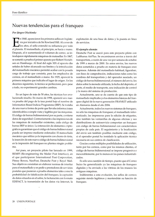 Die spanische Übersetzung des Artikels "Neue Frankiermaschinentrends" des UPU Magazins Ausgabe 3 / 2006