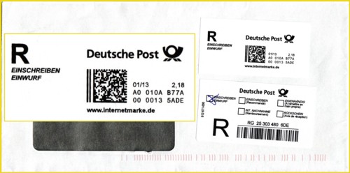 Internetmarke Einschreiben Einwurf Inland ohne Absender, altes Layout (kleines R) mit Kaufdatum 01/13 für einen Standardbrief Inland (vergrößert eingeblendet). Der Brief wurde fälschlicherweise noch mit einem normalen Strichcodelabel beklebt, obwohl dies normalerweise nicht erforderlich gewesen wäre