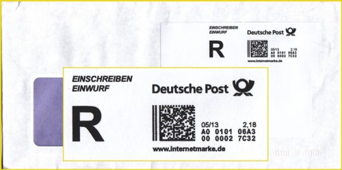 Internetmarke Einschreiben Einwurf Inland ohne Absender, neues Layout (großes R) mit Kaufdatum 05/13 (wenige Tage nach Softwareumstellung (vergrößert eingeblendet) für einen Standardbrief Inland