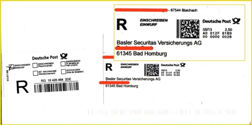 Internetmarke Einschreiben Einwurf mit Absender aus den letzten Tagen Anfang Mai vor der Softwareumstellung mit Kaufdatum 05/13 auf Standardbrief (vergrößert eingeblendet)