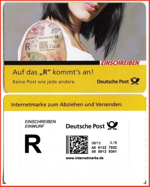 Portocard mit Internetmarke Einschreiben Einwurf - dreiteilig - hier die Vorderseite und erste Innenseite