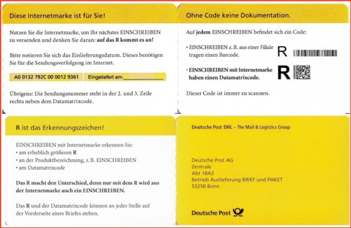 Portocard mit Internetmarke Einschreiben Einwurf - dreiteilig, hier die weiteren Seiten von vorne und hinten