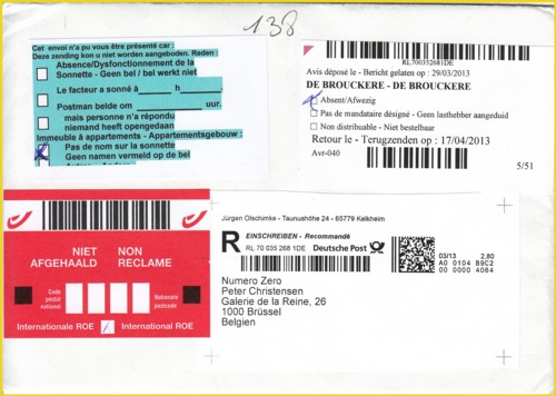 Einschreiben ins Ausland mit passender Internetmarke aus der Frühzeit (März 2013) mit Absender und Empfänger an eine unzustellbare Adresse in Belgien. Drei verschiedene belgische Retourenaufkleber, darunter einmal mit Duplizierung des deutschen Strichcodes, wurden aufgeklebt