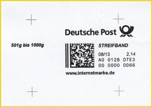 Internetmarke Streifband ohne Absender für eine Streifbandzeitung 501 bis 1000 Gramm mit Kaufdatum 08/13 und mit Portoangabe 2,14 Euro