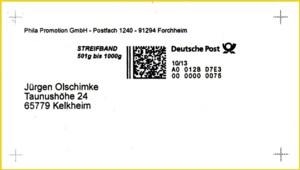 Internetmarke Streifband mit Absender für eine Streifbandzeitung 501 bis 1000 Gramm mit Kaufdatum 10/13 ohne Portoangabe in Euro