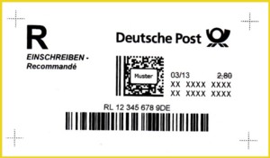 Musterausdruck Internetmarke Einschreiben International aus der Frühzeit ohne Absender und ohne Empfängerangaben