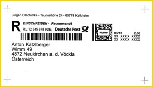 Musterausdruck Internetmarke Einschreiben International aus der Frühzeit mit Absender und mit Empfängerangaben