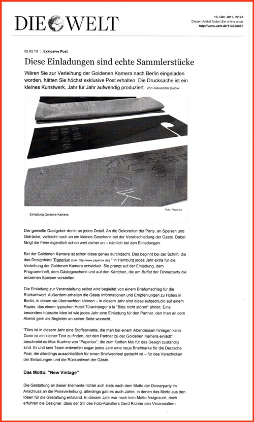 Der Artikel aus "Die Welt" vom 2.2.2013 - wo andere Pressekollegen Informationen zu diesem Thema erhielten, aber der philatelistischen Fachpresse wurden diese Infos verweigert - Teil 1