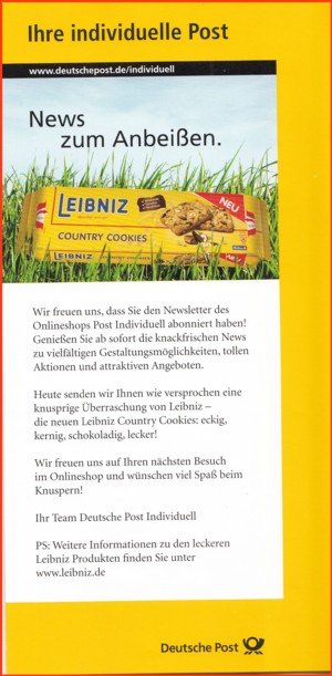 In der obigen von der Vorderseite gezeigten Pappschachtel befand sich eine Leibnitz Kekspackung mit spezieller Postwerbung zur "Individuellen Post"