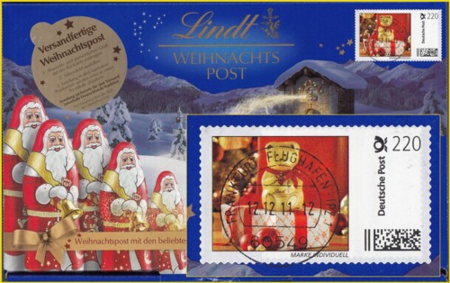 Schokoladenverpackung von der Firma Lindt versehen mit einer Rollenmarke Individuell zu 220 Cent - Produktname kursiv - vom Dezember 2011