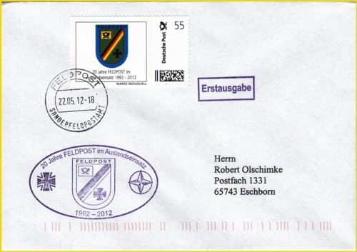 Feldpostbrief mit der Erstausgabe der Marke Individuell 55 Cent aus einer Großrolle mit 10 000 Stück anlässlich des Jubiläums 20 Jahre Feldpost im Auslandseinsatz - nur an diesem Tag wurde dieser Erstausgabe-Stempel auf Briefen abgeschlagen