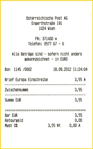 Die passende Quittung zu dem gekauften Einschreiblabel für einen Brief Europa Einschreiben in Höhe von 3,55 Euro