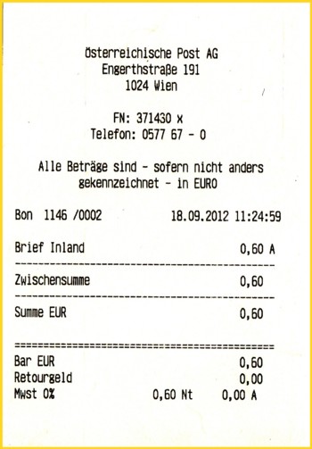 Die passende Quittung zu der Marke mit 60 Cent - man sieht auch hier das der Inlandsbrief testweise mit 60 Cent programmiert ist und nicht wie derzeit in der Praxis 62 Cent kosten würde, um den Wechselgeldumlauf im Test zu minimieren