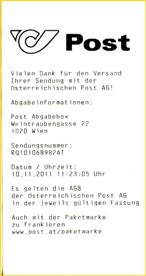 Quittung für einen eingelieferten Einschreibebrief in den ersten Versuchstagen im November 2011