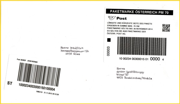 Das tatsächlich verkaufte Paketlabel aus der Anfangszeit des neuen SB-Automaten aus den ersten Tagen nach Inbetriebnahme - Paketlabel wurden scheinbar in den ersten Inbetriebnahmetagen so gut wie nie gekauft, denn wenn die Nummer richtig gedeutet wird, handelt es sich hier nach knapp 2 Wochen Inbetriebnahmezeit gerade um das 15 Paket, das gekauft wurde