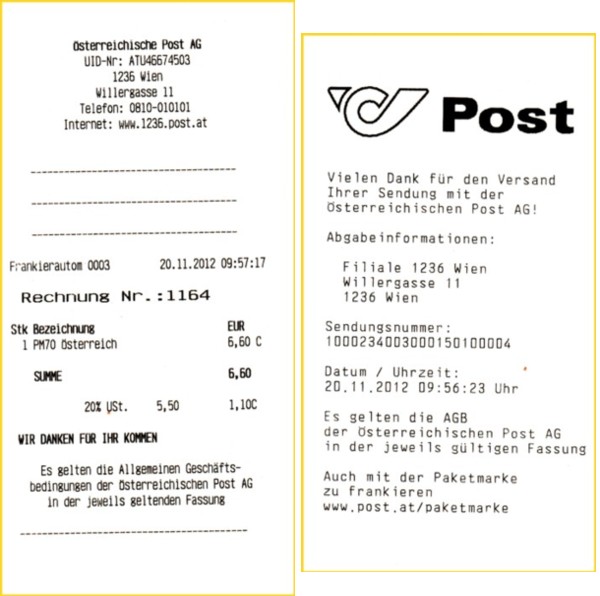 Links sehen Sie die Kaufquittung der Paketmarke mit QR-Code aus den ersten Tagen nach Inbetriebnahme - hier vom 20.11.2012 sowie rechts die dazugehörige Einlieferungsbescheinigung des am selben Tag eingelieferten Inlandspaketes an einer Paketbox