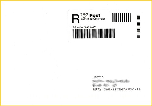 Ein echt gelaufenes österreichisches Inlandseinschreiben mit entsprechenden Label aus dem SB-Automaten vom 7. Januar 2012 - dieses endgültige Layout sieht deutlich anders aus, als das auf der Postexpo noch präsentierte