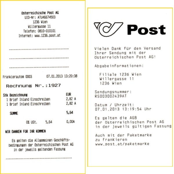 Die dazugehörige Kaufquittung (links) und rechts die Einlieferungsquittung an einer daneben befindlichen Paketbox. In diesen 6 Wochen wurden bisher 243 Einschreiblabel gekauft