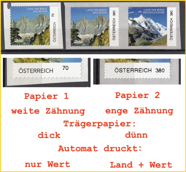 Ein Bildvergleich der 2 deutlich unterschiedlichen ATM-Papiersorten in mehrfacher Hinsicht bezüglich des Trägerpapiers, der Zähnung der ATM, des Vordrucks ohne Werteindruck - links das Versuchspapier - rechts das aktuelle Papier