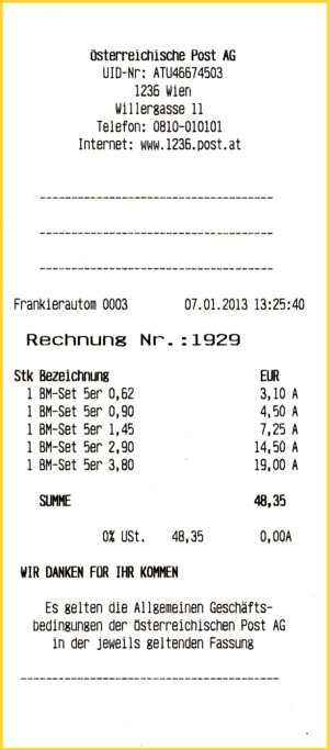 Sammelquittung für den Kauf eines Inlandstastensatzes vom neuen Frankierautomaten