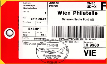 Beutelfahne für Sonderkartenschluß für Sonderflug Frankfurt - Wien