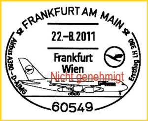 Geplanter aber so nicht genehmigter Flugbestätigungsstempel Frankfurt - Wien mit dem A 380