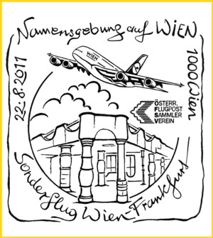 Sonderstempel für den Gegenflug von Wien nach Frankfurt - gleichzeitig aber auch Ankunftsstempel für die Post aus Deutschland