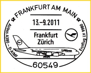 Flugbestätigungsstempel für den Erstflug Frankfurt - Zürich mit dem aktualisierten Datum 13.09.2011 (geplant war anfangs der 24.08.2011)