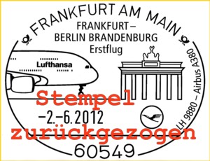 zurück gezogener Stempel, da der Flughafen nicht rechtzeitig fertig wurde