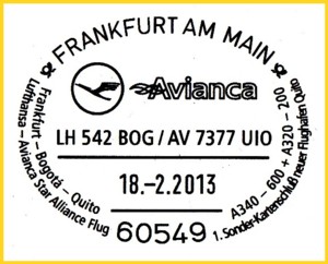 Der neueste Flugbestätigungsstempel aus Frankfurt anläßlich der Eröffnung des neuen Flughafens in Quito (Ecuador)