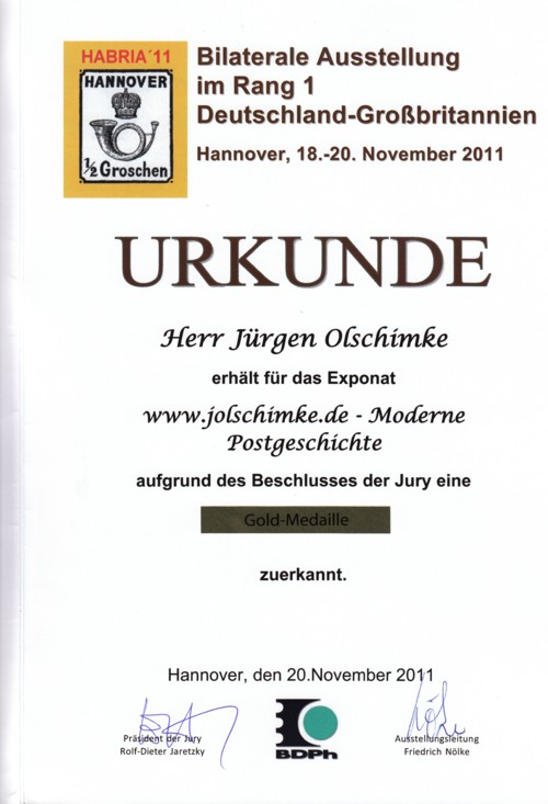 Urkunde von der Rang 1 Ausstellung Habria 2011
