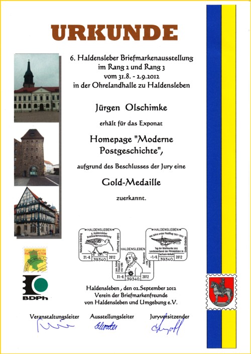 Urkunde von der Rang 2 Ausstellung 31.8. bis 2.9.2012 in Haldensleben