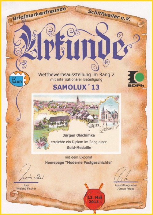Urkunde von der Rang 2 Ausstellung Samolux 13 vom 9. bis 12.05.2013