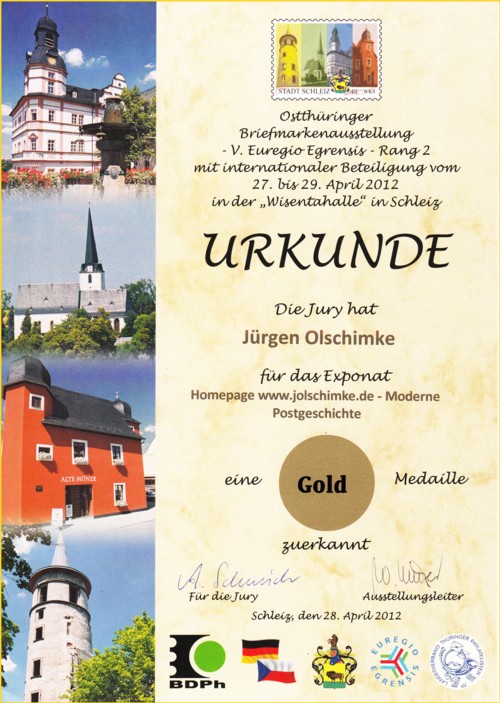Urkunde von der Rang 2 Ausstellung Euregio-Egrensis in Schleiz vom 27. bis 29. April 2012