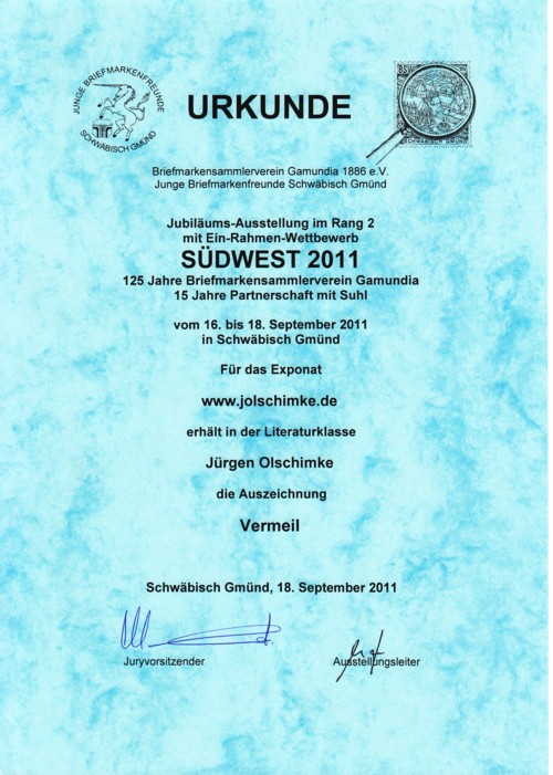 Urkunde von der Rang 2 Ausstellung Südwest 2011