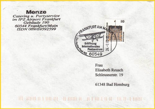 Brief vom Eröffnungstag des IPZ - geführt im dortigen Postamt Frankfurt am Main Flughafen 75 im 1. Stock der alten Luftpostleitstelle