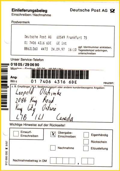 Hier noch der passende Einlieferungsschein mit dem entsprechenden EPOS Ausdruck der damaligen Filiale 60549 Frankfurt 75