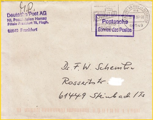 Dienstumschlag der damaligen Postfiliale im IPZ einen Tag nach Eröffnung des IPZ, erkennbar am Maschienenstempel von dort
