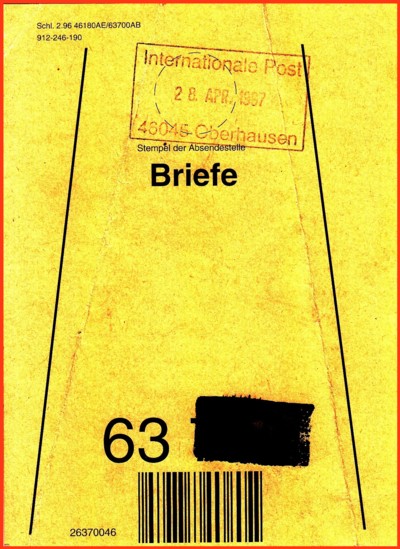 Es handelt sich hier um eine Beutelfahne für Briefe aus dem Ausland von der damaligen Auswechslungstelle Oberhausen zum BZ 63 in Offenbach (es dürfte sich also hier um Briefe aus Holland nach Offenbach gehandelt haben)