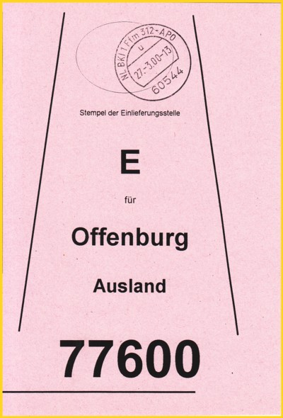 Hier eine Beutelfahne für Einschreiben über die Auswechslungsstelle Offenburg (wurde damals von der APO-Auswechslungsstelle im IPZ mitbearbeitet)