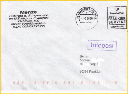 Frankierservice vom ersten Tag vom IPZ Frankfurt - es handelt sich hier um eine Klüssendorfstempelmaschine