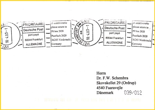 Einer von vielen verschiedenen Stempeln die zeitweilig im Mailterminal im IPZ 1 in Frankfurt am Main eingesetzt wurden - hier ein Handrollstempel als Frankierservice mit der Retourenadresse Niederaula