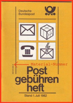 Postgebührenheft vom 1. Juli 1982 mit Materialnummer auf der Vorderseite